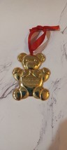 Vintage Baby&#39;s First Christmas Teddy Bear Gold Metal Christmas Ornament - £6.28 GBP