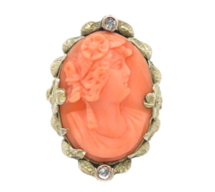 14k Gold Arts and Crafts Handwrought Genuine Natural Coral Cameo Ring  (#J7396) - $18,735.67 MXN