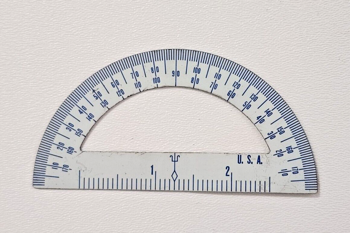 Vintage Small White Metal Protractor Blue Detail Made in USA - $8.99