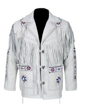 Men Western Wear Cowhide White Leather Fringe Coat Jacket Beaded Braid W... - £125.04 GBP
