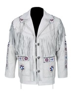 Men Western Wear Cowhide White Leather Fringe Coat Jacket Beaded Braid W... - £125.62 GBP