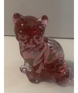 FENTON 95TH Anniversary Rose PINK Art Glass CAT~Hand Painted Flowers by ... - £53.47 GBP