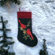 Dark Green Velvet Christmas Stocking Embroidery 2 Red Bird Cardinals on Branches - $19.75