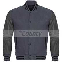 Super Varsity Letterman Bomber Baseball Jacket Gray Body &amp; Gray Leather Sleeves - £77.19 GBP