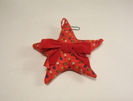 Christmas Ornament Star Fabric Stuffed Padded Red Flower Print 1970s - £3.15 GBP