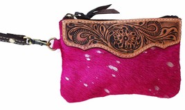 Women&#39;s Acid Wash Hair-On Tooled Leather Small Wallet Wristlet Pouch Pink - $22.76
