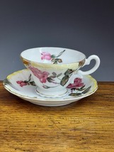 Vintage Japan Pedestal Teacup &amp; Saucer Pink Roses Floral - $16.83