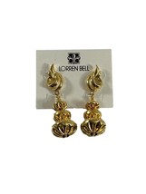 Lorren Bell Gold Tone Dangle Earrings Textured 2.25&quot; Long Drop Fashion Shiny - £15.03 GBP