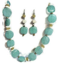 Necklace Pierced Earrings Set Aqua Sea Green Resin Beads Silver tone Metal  - £18.15 GBP