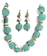 Necklace Pierced Earrings Set Aqua Sea Green Resin Beads Silver tone Metal  - £18.28 GBP