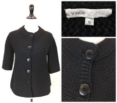 #S5 Vince Sz M Wool Blend Black Chunky Knit 3/4 Sleeve Cardigan Sweater - £15.42 GBP