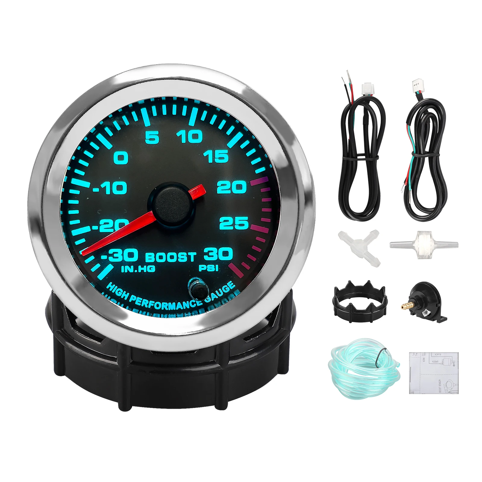 Car 2&#39;&#39; 52mm 12V Turbo Boost Gauge ABS Steel Glass 0-30PSI 7 Colors Pointer - £37.69 GBP
