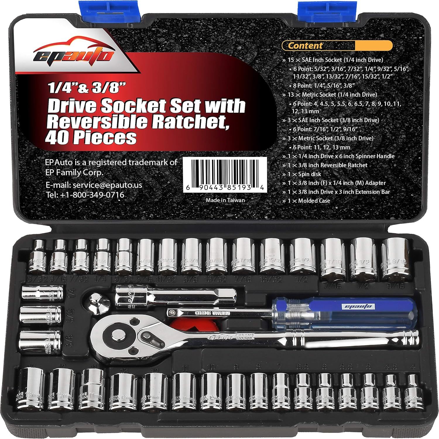 Epauto 40 Pieces 1/4-Inch &amp; 3/8-Inch Drive Socket Set With 72 Tooth Reve... - $41.96