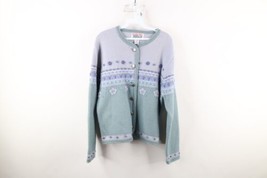 Vintage 90s Country Primitive Womens Medium Wool Knit Flower Cardigan Sweater - £54.87 GBP