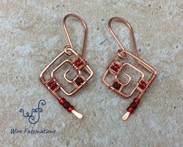 Handmade copper earrings: square spirals wire wrapped with red beads - £21.92 GBP