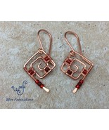 Handmade copper earrings: square spirals wire wrapped with red beads - £21.58 GBP