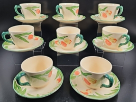 8 Franciscan Tulip Cups Saucers Set Vintage Red Yellow Flowers Green Eng... - $88.77