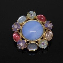 Vintage Glass Cabochons &amp; Rhinestone Flowers Round Pin Brooch Gold Tone - £19.71 GBP