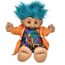 16&quot; Vintage 1991 Ace Novelty Treasure Trolls Blue Hair Red Heart Gem Plush Doll - £36.88 GBP