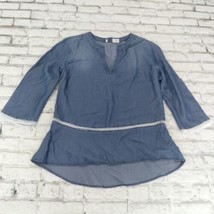 Time And Tru Blouse Women Medium Blue Chambray V Neck 3/4 Bell Sleeve Lyocell - £14.16 GBP
