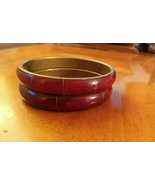 Set of 2 Wood &amp; Brass Bangle Bracelets deep red/burgundy color wood, bra... - £29.90 GBP