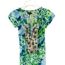 Ranna Gill 100% Silk Dress Tropical Long Studded Stones Green Size Small - $29.69
