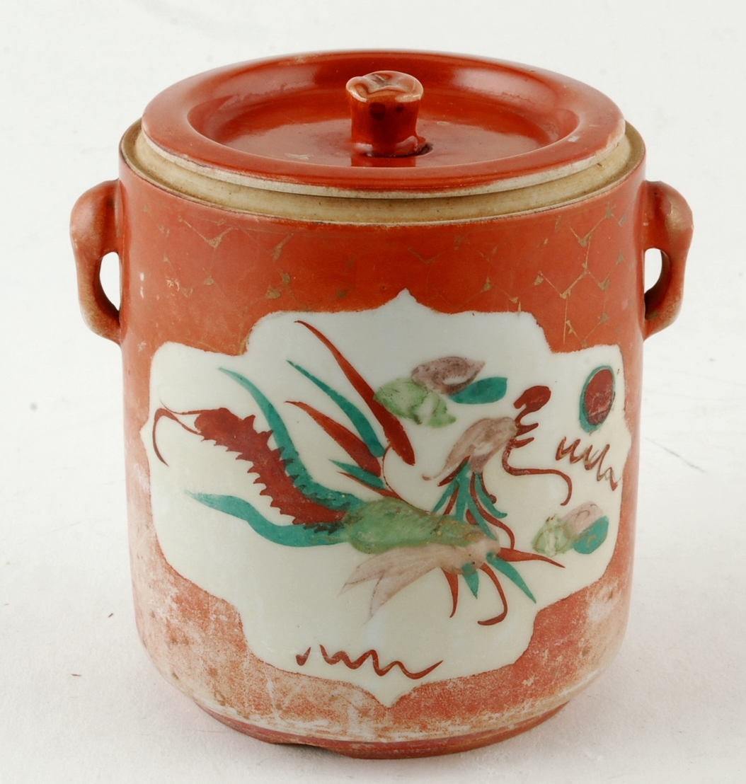 Old Chinese Tea Cup w Lid Hand Painted Dragon Phoenix Orange Color Item image 3