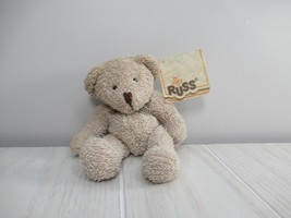 Russ Berrie Luv Pets tumbles tan teddy bear terrycloth w/ tag black checked bow - $14.84