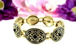 Black Stones Gems Goldtone Oval Links Bracelet Vintage Elastic Stretch - £10.38 GBP