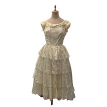 Vintage 1950s 1960s Tiered Floral Lace Formal Prom Dress Beige Ivory Sz ... - £109.71 GBP