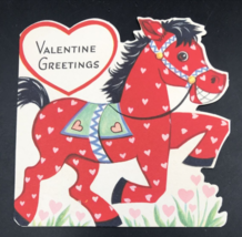 VTG 1950s Gibson Happy Red Painted Horse w/ Pink Hearts Valentine Greeting Card - £7.43 GBP