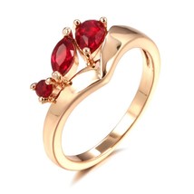 Luxury Red Natural Zircon Ring for Women 585 Rose Gold Ethnic Bride Ring Vintage - £7.27 GBP