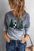 Gray Merry Christmas Tree Gradient Color Print Graphic Sweatshirt - $24.02