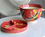 Red Flying Crane Ramen Bowl With Tempura Divider Condiment Lid Chopstick... - $28.99