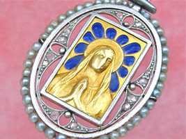 Antique Diamond Blue PLIQUE-A-JOUR Praying Virgin Mary Religious Pendant 1920 - £1,074.11 GBP