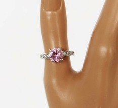 Vintage silver tone round pink stone ring w/ white rhinestone accents si... - $14.99