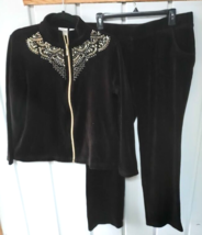 Zenergy Chico&#39;s Brown Velour Gold Embellished Jacket Pants Set Chico&#39;s 1/2 - £27.13 GBP