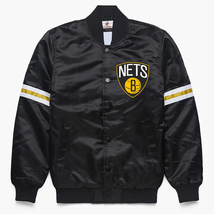 NBA Brooklyn Nets New York Black Satin Baseball Bomber College Varsity Jacket - £84.63 GBP