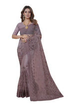 Designer Lavender Heavy Resham Stone Embroidery Work Sari Net Party Wear Saree - £72.25 GBP