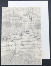 1973 Ann Adams Birdbath in Tulip Garden Greeting Note Card Pencil Drawin... - £6.03 GBP