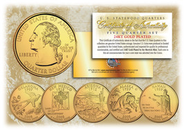 2008 US Statehood Quarters 24K GOLD PLATED ** 5-Coin Complete Set ** w/Capsules - £12.87 GBP