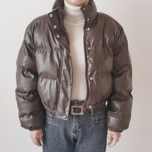 Winter Warm Thick PU Leather Coats Women Short Parkas Fashion Black Cotton Padde - £53.42 GBP