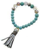 Imitation Turquoise Glass Beads Grey Imitation Suede Tassel Charm Stretch Bracel - £8.02 GBP