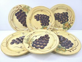 6 Tabletops Unlimited Vino Salad Plates Set 8 5/8&quot; Hand Painted Grape Leaf Vine - £62.04 GBP