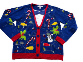 Jolly Sweaters Ugly Christmas Sweater Adult L Bow Tie Beer Bottles Snowman EUC - £16.62 GBP