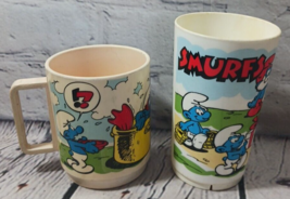 Vintage Set/2 Smurfs Plastic Mug &amp; Cup Tumbler Usa Smurf Deka Read Description - $6.25