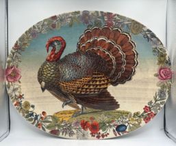 John Derian Turkey Oval Platter Stoneware 14”x18” Floral Border Thanksgiving - £32.40 GBP