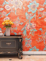 Funstick 21&quot; X 200&quot; Vintage Floral Peel And Stick Wallpaper Orange Red Wall - £35.88 GBP
