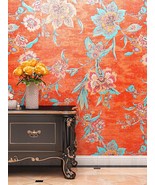 Funstick 21&quot; X 200&quot; Vintage Floral Peel And Stick Wallpaper Orange Red Wall - £35.85 GBP