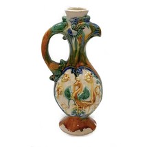 Chinese Asian Glazed Mud Vase Jug Bird Animal Multicolor Handles Antique 8&quot; - $98.97